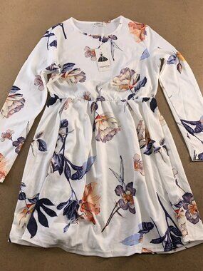 Angashion Women's US 8 White Floral Print Long Sleeve Pleated Mini Dress NWT